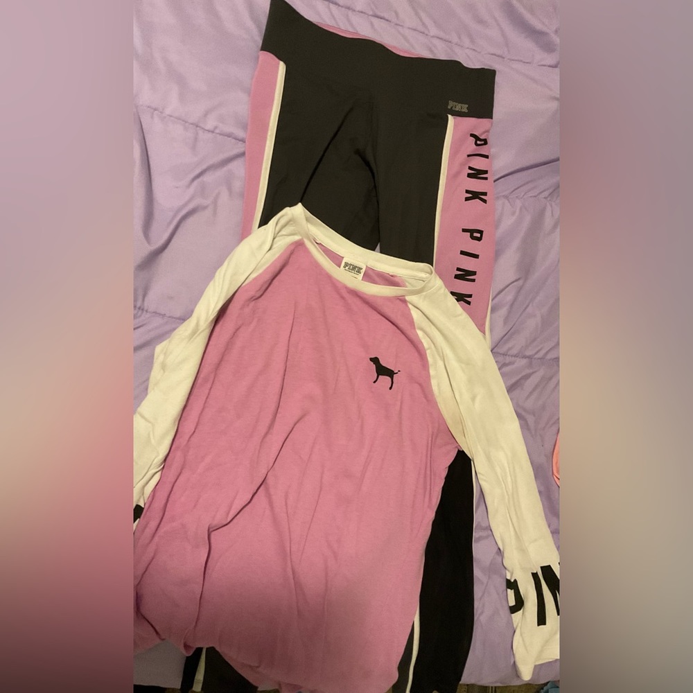 Vintage LOVE PINK 2 piece legging set, purple grey & white